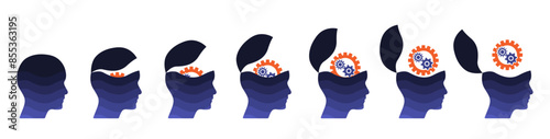 Blue open mind business people head set with gear, cogwheel. 3d idea concept illustration to use for business, logical thinking, open mind, idea concept projects.
