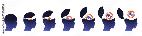 Blue open mind business people head set with gear, cogwheel. 3d idea concept illustration to use for business, logical thinking, open mind, idea concept projects.

