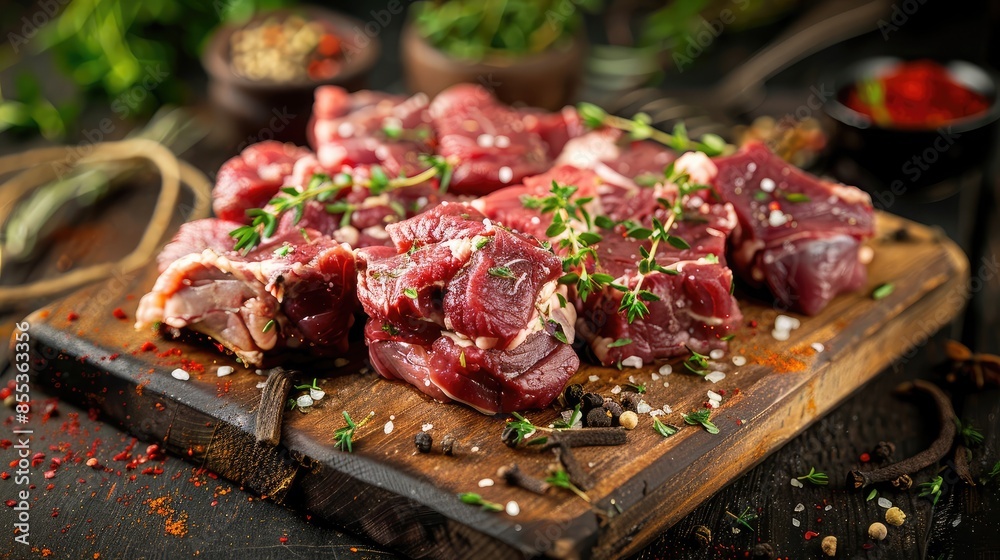 Close-up of raw goat meat pieces on a wooden board, ready for cooking, with spices and herbs Close-up of raw goat meat pieces on a wooden board, ready for cooking, with spices and herbs