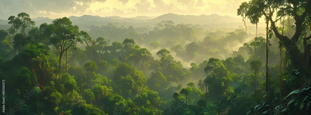Obraz premium A panoramic view of the Amazon rainforest, with mist rising from its dense canopy and mountains in the background.