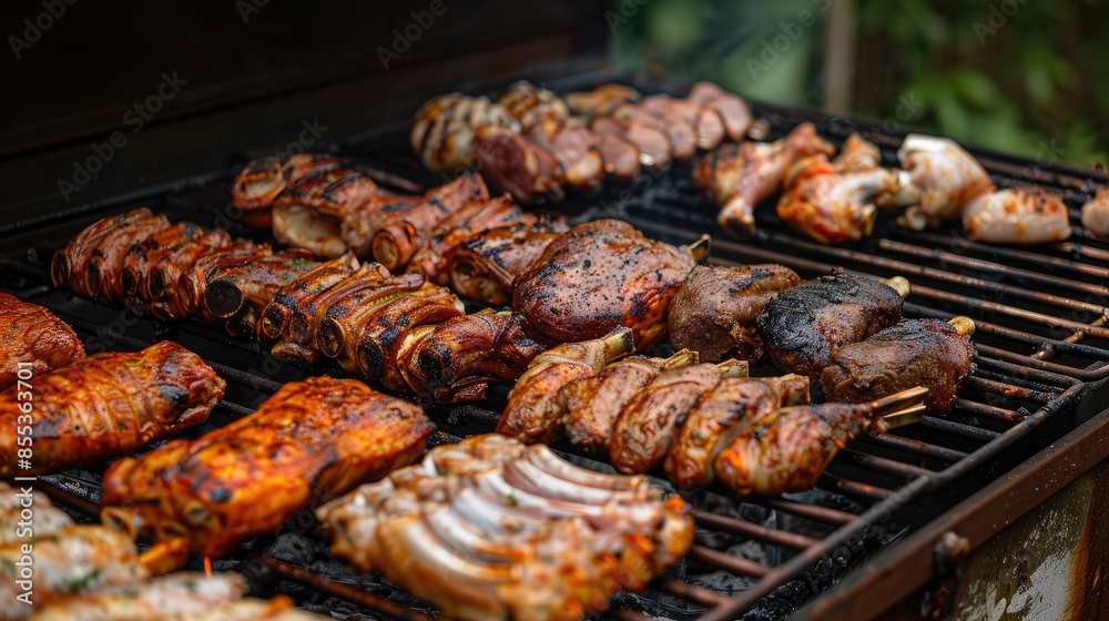 Side view of a barbecue setup with different types of meat grilling, including chicken, pork, beef, and lamb Side view of a barbecue setup with different types of meat grilling, including chicken, pork, beef, and lamb