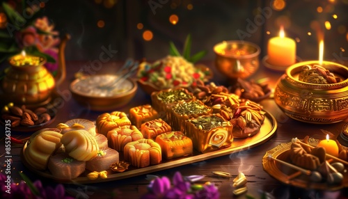 Various traditional Indian mithai (sweets) served during Diwali celebrations photo