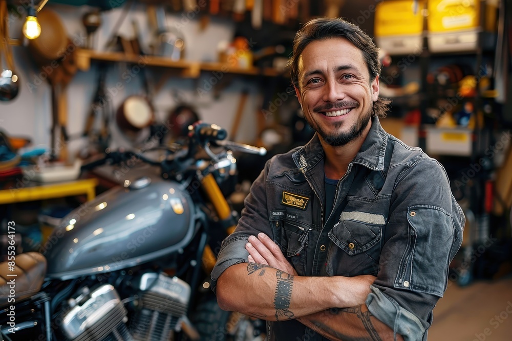 Happy mechanic with tattoos standing in a well-equipped motorcycle garage Happy mechanic with tattoos standing in a well-equipped motorcycle garage