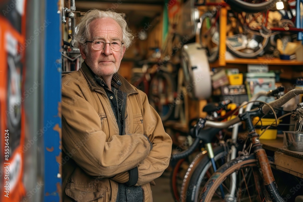 An elderly man with glasses stands confidently with arms crossed in a cluttered workshop full of bicycles and tools An elderly man with glasses stands confidently with arms crossed in a cluttered workshop full of bicycles and tools