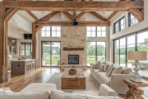 Large open concept great room with fireplace and wooden beams