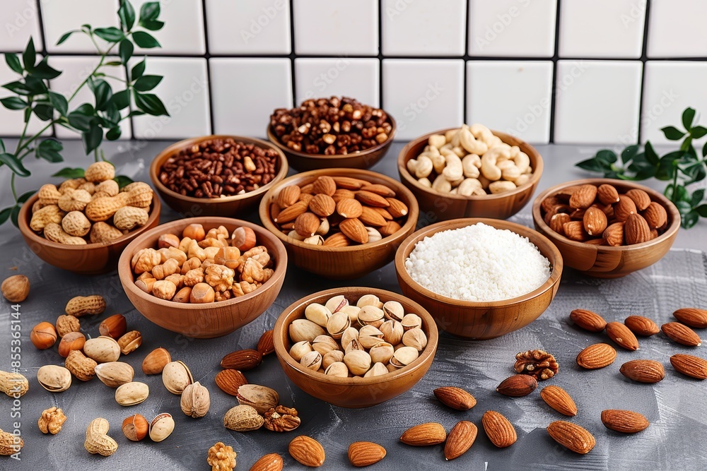 An array of healthy nuts in wooden bowls set on a modern kitchen countertop with a tiled background and plant decor An array of healthy nuts in wooden bowls set on a modern kitchen countertop with a tiled background and plant decor