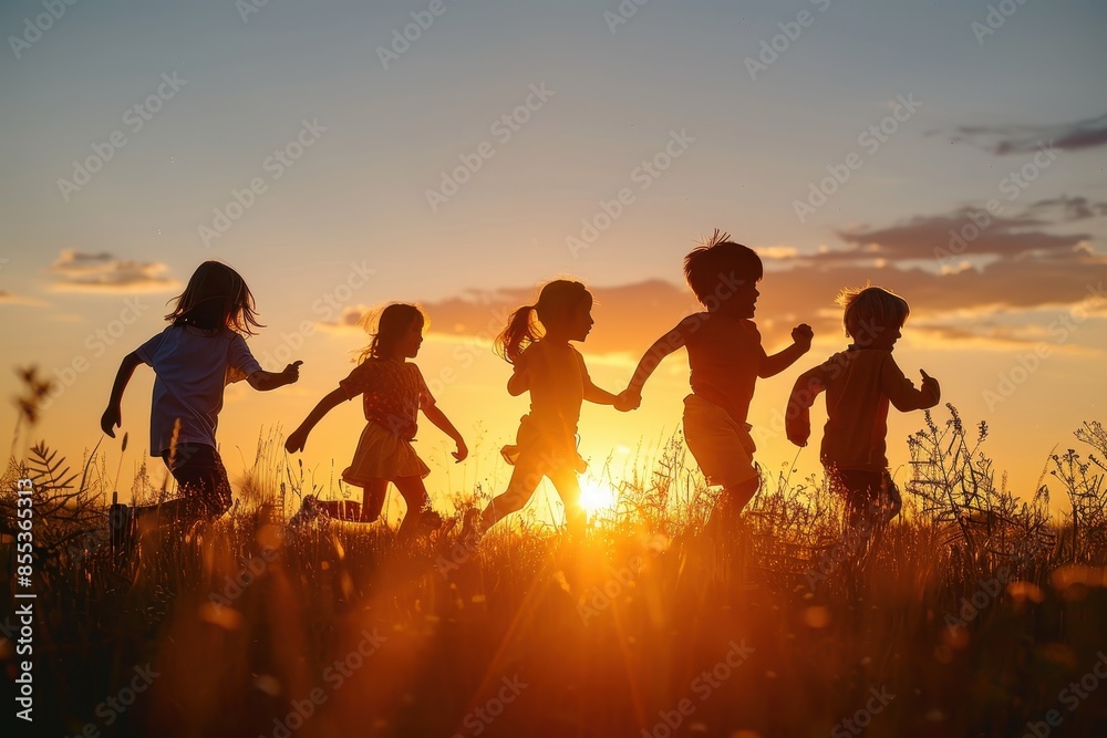 Fototapeta premium Silhouettes of five children play joyfully in a grass field during a beautiful sunset