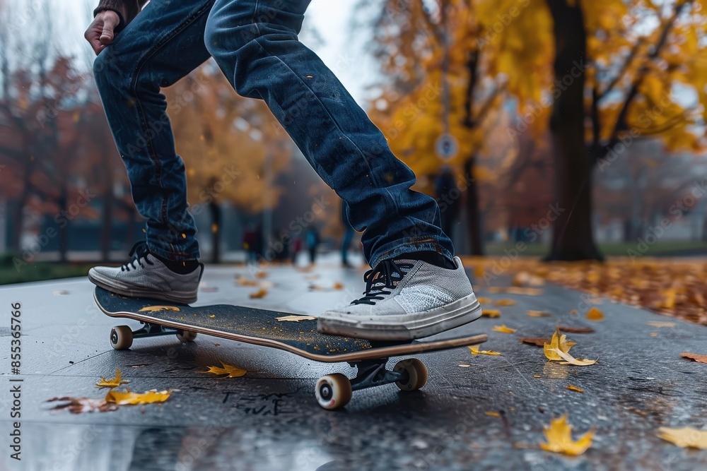 Detailed close-up of a sneaker on a skateboard against a wet pavement with fall foliage