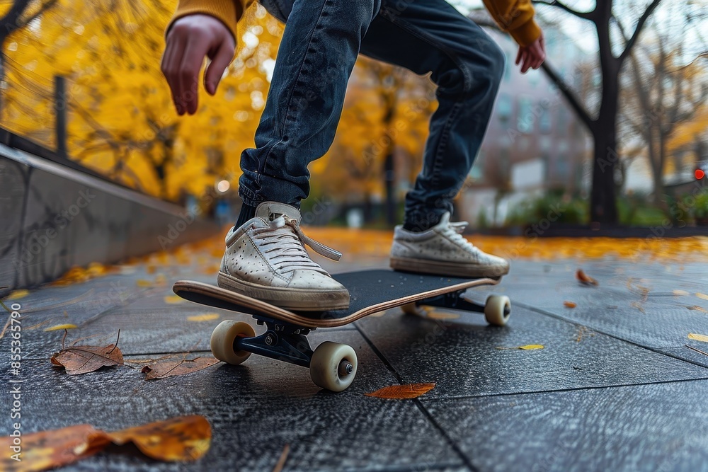 Dynamic close-up of a skateboard in action on a wet urban street with autumn leaves scattered Dynamic close-up of a skateboard in action on a wet urban street with autumn leaves scattered