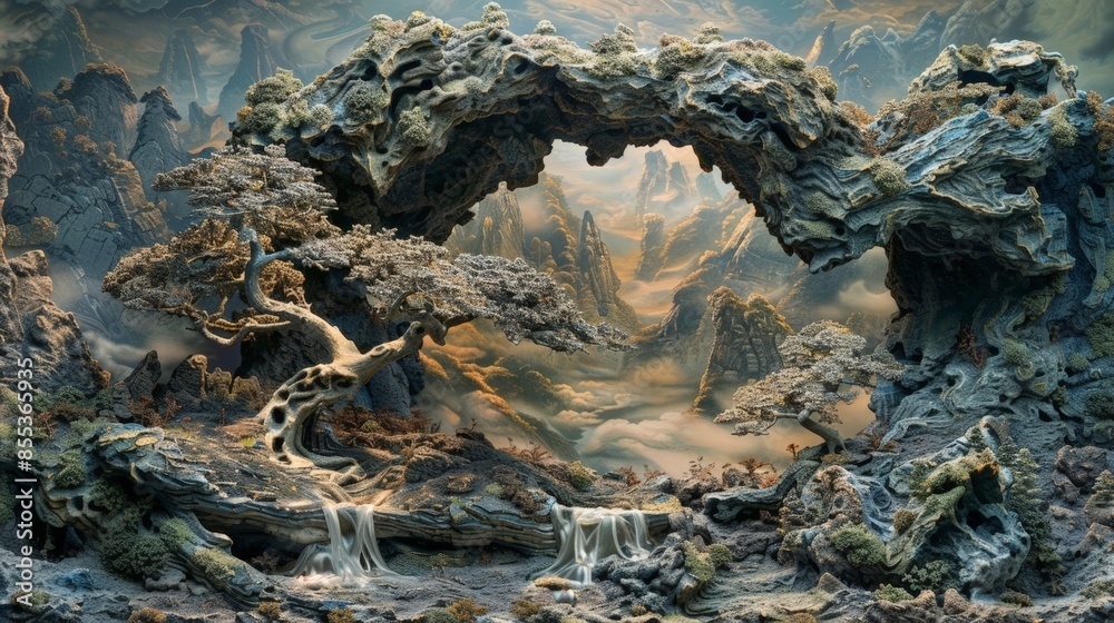 Fantasy Landscape with Tree Tunnels, Waterfall and Archway Fantasy Landscape with Tree Tunnels, Waterfall and Archway