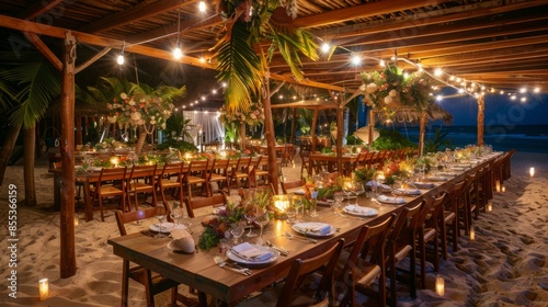 Fototapeta Naklejka Na Ścianę i Meble -  A beautiful, tropical beachside dinner party with string lights and candles, set beneath a wooden pergola. The tables are adorned with flowers and foliage, and the ocean is visible in the background.