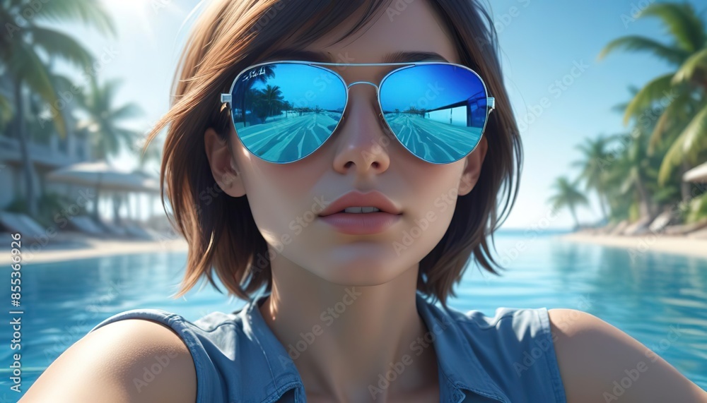 beautiful woman close-up portrait with palms reflections in sunglasses, summer or spring break vibes beautiful woman close-up portrait with palms reflections in sunglasses, summer or spring break vibes
