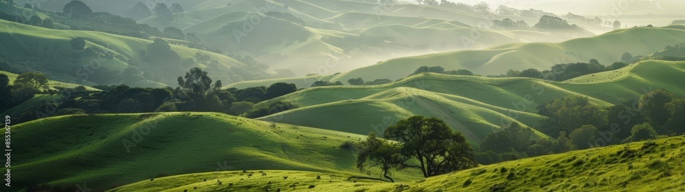 Breathtaking Rolling Hills in the Morning Mist: Serene Pastoral Scenery, Lush Greenery, and Clear Skies - Perfect for Travel Ads, Landscape Photography, or Calendar Imagery. Breathtaking Rolling Hills in the Morning Mist: Serene Pastoral Scenery, Lush Greenery, and Clear Skies - Perfect for Travel Ads, Landscape Photography, or Calendar Imagery.