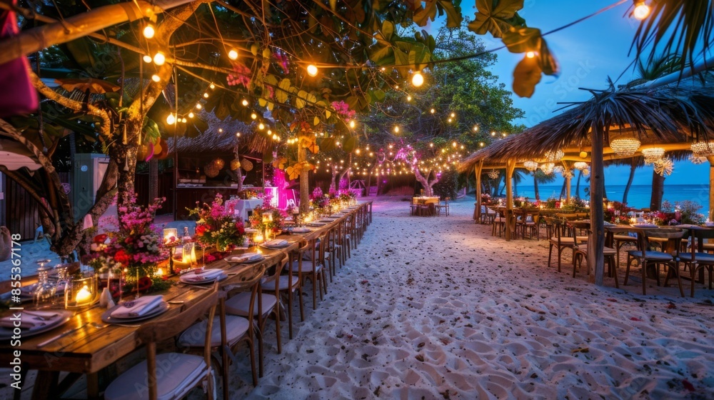 A romantic dinner setup on a sandy beach at dusk, featuring a long table with candles and floral arrangements, lit by string lights and overhead lanterns. A romantic dinner setup on a sandy beach at dusk, featuring a long table with candles and floral arrangements, lit by string lights and overhead lanterns.
