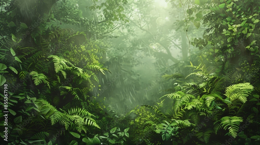 Vibrant Tropical Rainforest Scene with Lush Greenery and Sunlight Filtering Through Vibrant Tropical Rainforest Scene with Lush Greenery and Sunlight Filtering Through