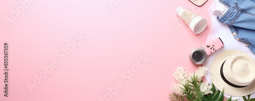 Summer Essentials Flat Lay on Pink Background
