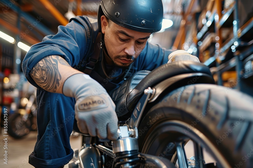 A dedicated mechanic adjusting parts on a motorcycle, fully immersed in his task at the garage A dedicated mechanic adjusting parts on a motorcycle, fully immersed in his task at the garage