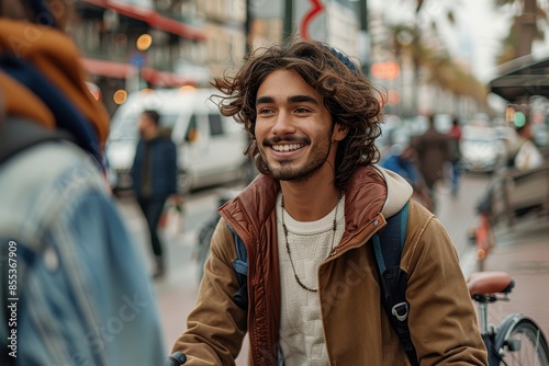 A cheerful skateboarder engages in conversation on a busy city street photo