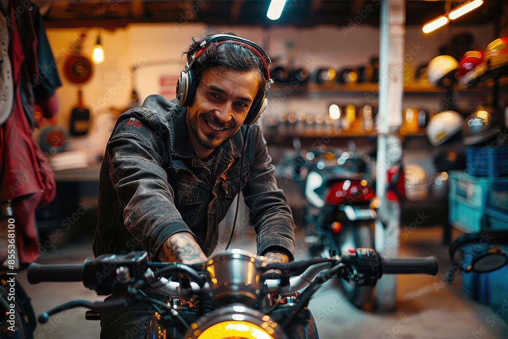 Confident motorcycle enthusiast sits on bike in a garage setting, looking cheerful Confident motorcycle enthusiast sits on bike in a garage setting, looking cheerful