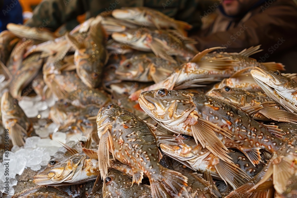 A selection of fresh grouper fish on ice for sale at a seafood market, showcasing food commerce A selection of fresh grouper fish on ice for sale at a seafood market, showcasing food commerce