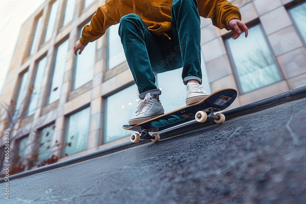 Low angle view of a skateboarder's legs as they maneuver a skateboarding trick on city pavement Low angle view of a skateboarder's legs as they maneuver a skateboarding trick on city pavement