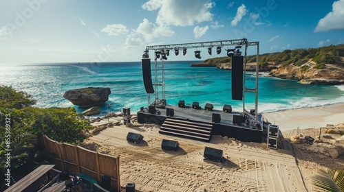 Fototapeta Naklejka Na Ścianę i Meble -  A concert stage is set up on a sandy beach with turquoise ocean waters and lush green vegetation in the background.