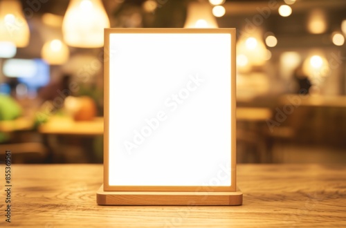 Blank Menu Holder on Wooden Table with Blurred Restaurant Interior Background, The white framed holder leaves an empty space for text or design   © JH