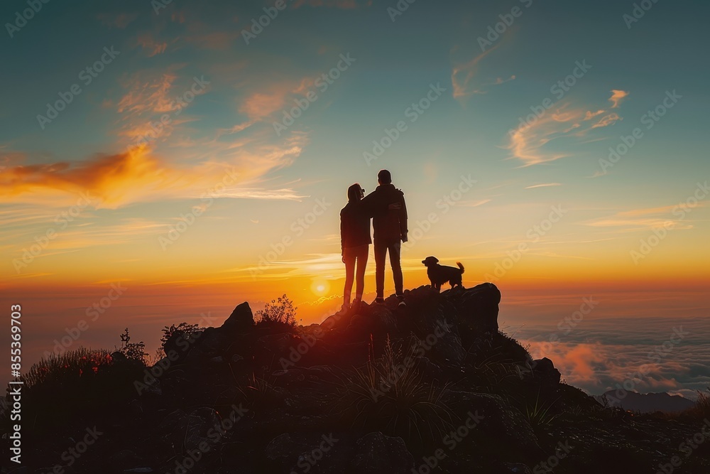 Fototapeta premium Two people and a dog stand on a hill against a vibrant sunset skyline The figures are in silhouette with a stunning backdrop of the sun setting and clouds below