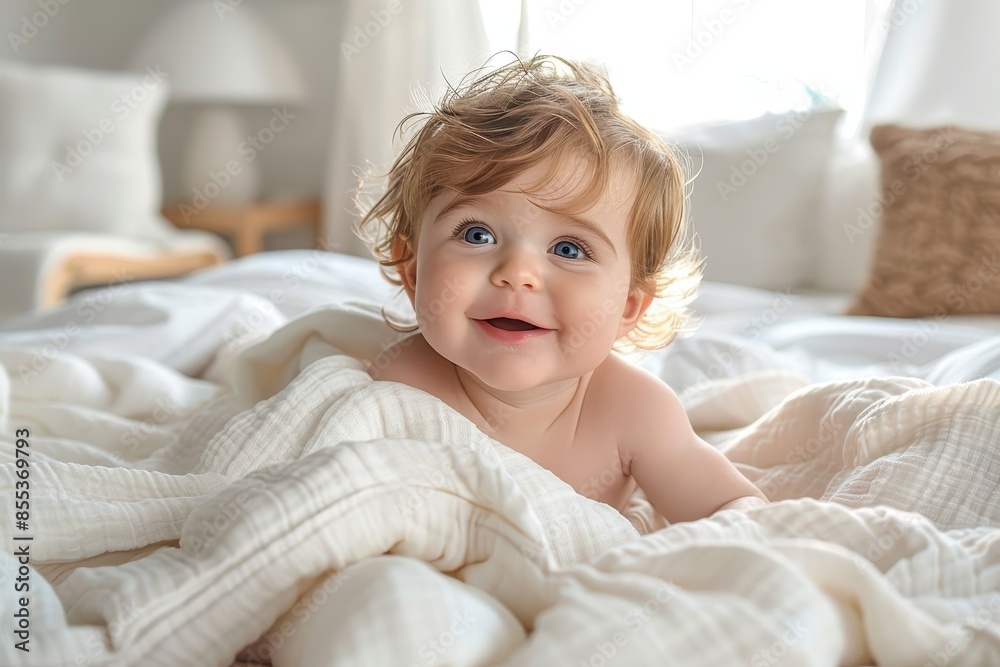 Blue-eyed baby with curly hair lying on white bedding, looking up with a cheerful smile in a bright room Blue-eyed baby with curly hair lying on white bedding, looking up with a cheerful smile in a bright room