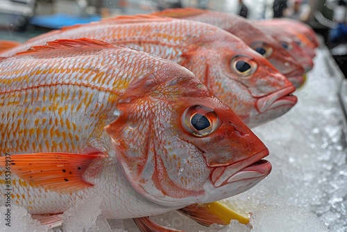 Front view of a row of red snapper fish arranged on ice, in a market setting, with a sharp focus on the foreground photo