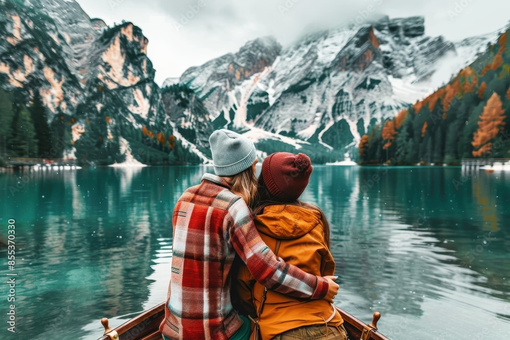 In a rowboat, a romantic couple enjoys a close moment against a backdrop of vibrant mountains and a clear lake