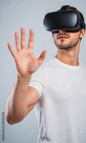 Male virtual reality gamer touching profile virtual screen. virtual reality advertising concept