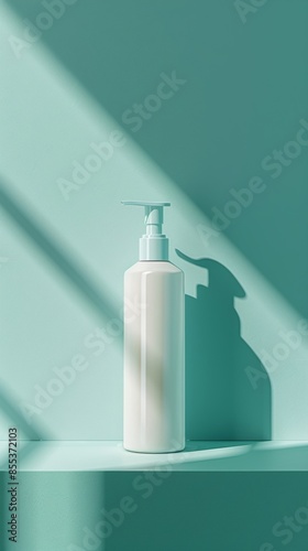 White pump bottle on a teal background with shadows, minimalistic design. Beauty and skincare concept photo