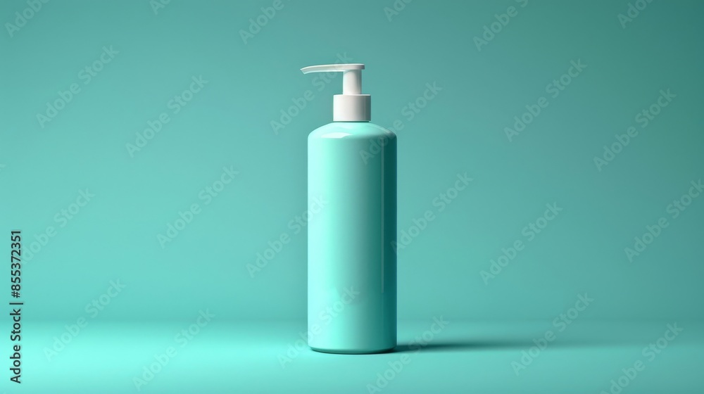 Turquoise plastic bottle with pump on turquoise background, minimalistic studio shot. Product packaging and design concept Turquoise plastic bottle with pump on turquoise background, minimalistic studio shot. Product packaging and design concept