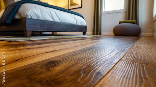 A bedroom with hardwood floors, showcasing the beauty of new wood flooring in an apartment setting. Taken from the upper diagonal. The floor is painted and features natural grain patterns