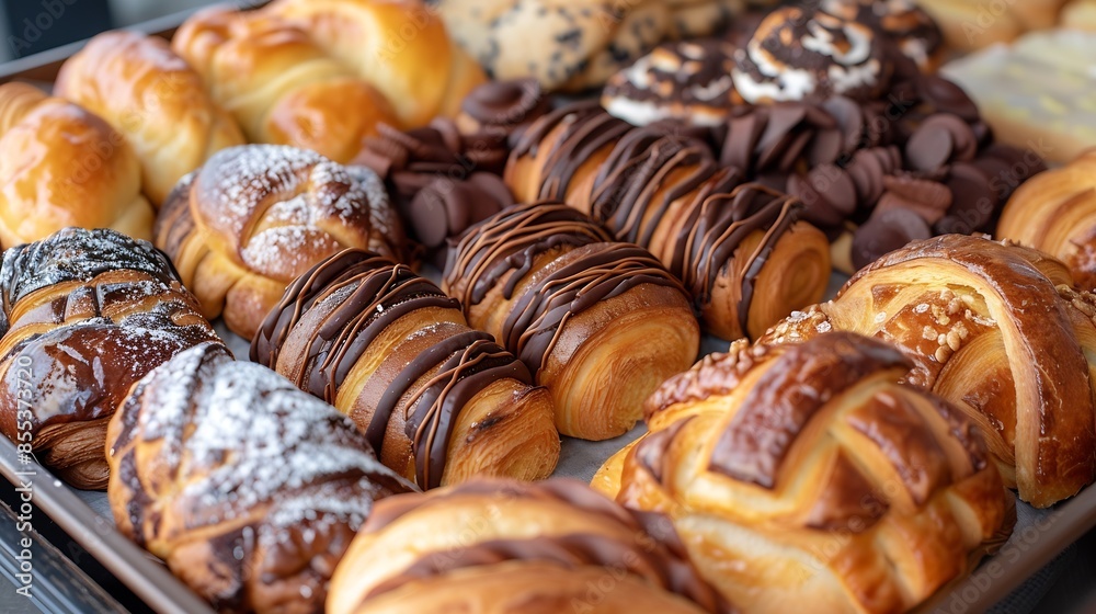 Assorted pastry and bread arranged on tray selling at bakery shop : Generative AI Assorted pastry and bread arranged on tray selling at bakery shop : Generative AI