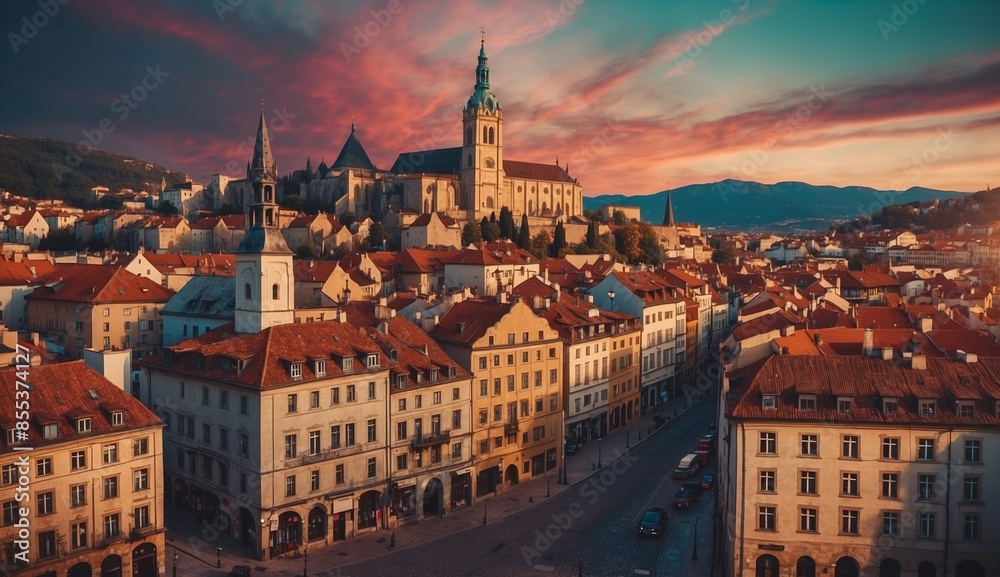 Fototapeta premium Stunning European cityscape at sunset