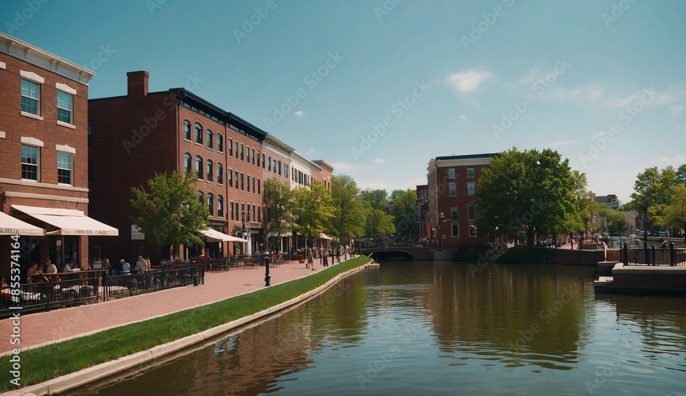Naklejka premium Urban canal scene with outdoor dining