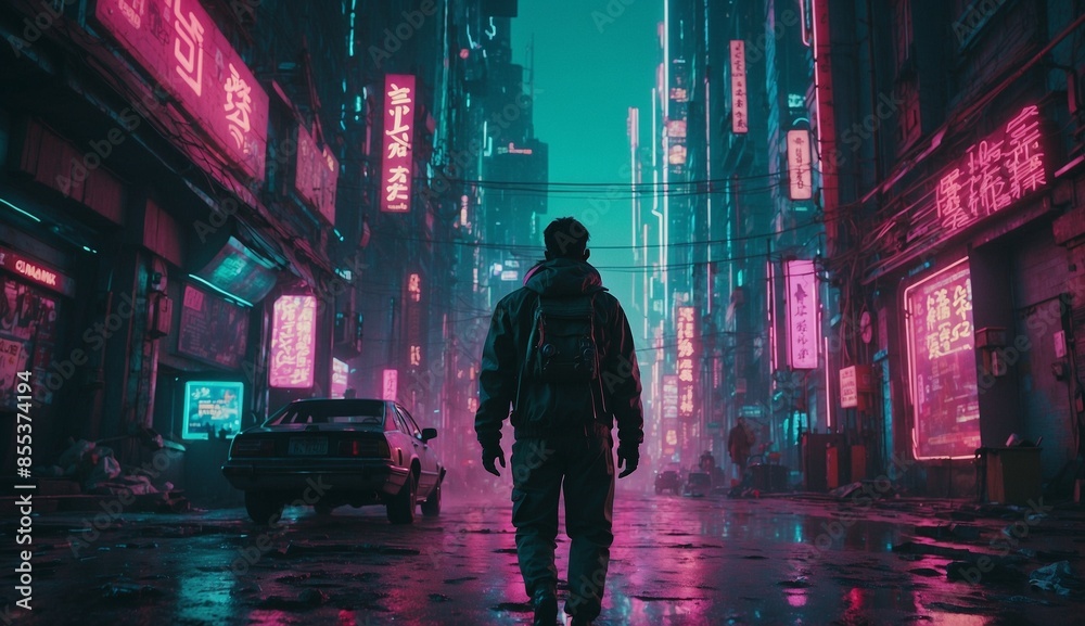Naklejka premium Person walking in neon-lit cyberpunk city