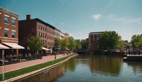 Urban canal scene with outdoor dining