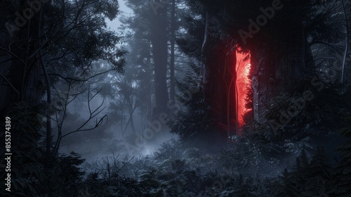 Mysterious forest with glowing red light emanating from a tree