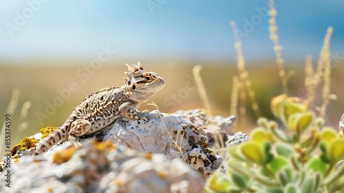 A young regal horned lizard Phrynosoma solare in natural habitat as found on rocky ground with spring vegetative growth in Pima County Arizona USA : Generative AI photo