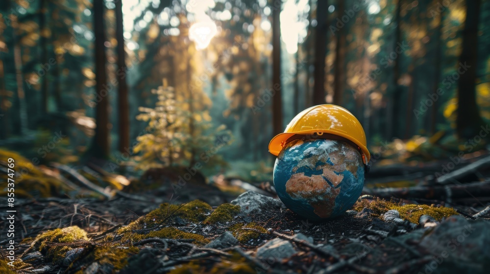 A globe wearing a yellow hard hat placed in a sunlit forest, symbolizing environmental protection and global sustainability. A globe wearing a yellow hard hat placed in a sunlit forest, symbolizing environmental protection and global sustainability.