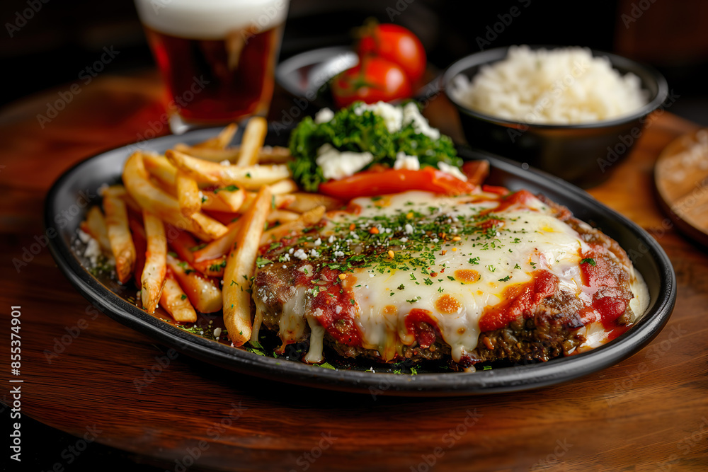Parmegiana Steak also known as Filet Parmegiana in a wood plate on a rustic wooden background, cheese and tomato sauce, steak parmigiana , rice, french fries, Soft light, angle view. Parmegiana Steak also known as Filet Parmegiana in a wood plate on a rustic wooden background, cheese and tomato sauce, steak parmigiana , rice, french fries, Soft light, angle view.