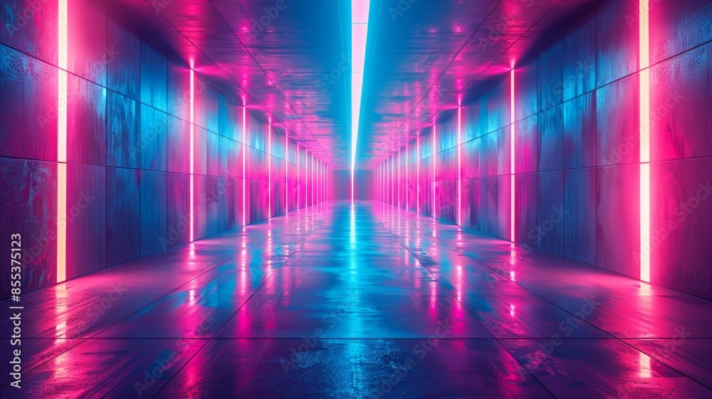 Futuristic neon-lit corridor with reflections, abstract sci-fi concept Futuristic neon-lit corridor with reflections, abstract sci-fi concept