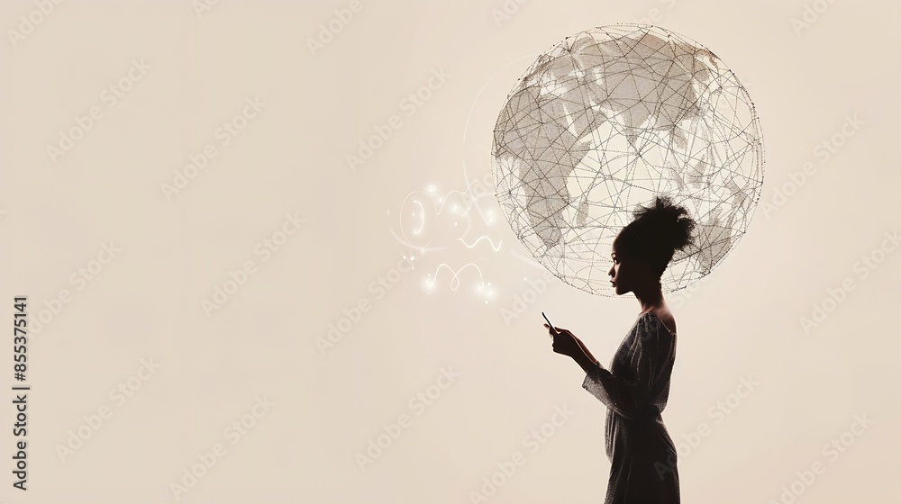 Composite 3D collage of beige background black white silhouette young lady show gesture internet signal service hand hold phone global net : Generative AI Composite 3D collage of beige background black white silhouette young lady show gesture internet signal service hand hold phone global net : Generative AI