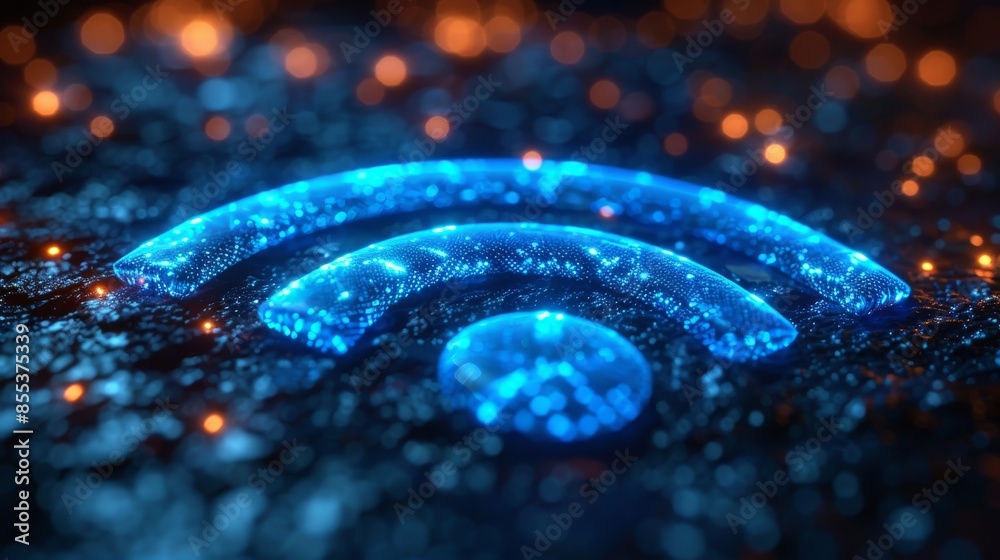 Glowing blue wifi symbol on a dark background with orange bokeh lights, digital communication concept Glowing blue wifi symbol on a dark background with orange bokeh lights, digital communication concept
