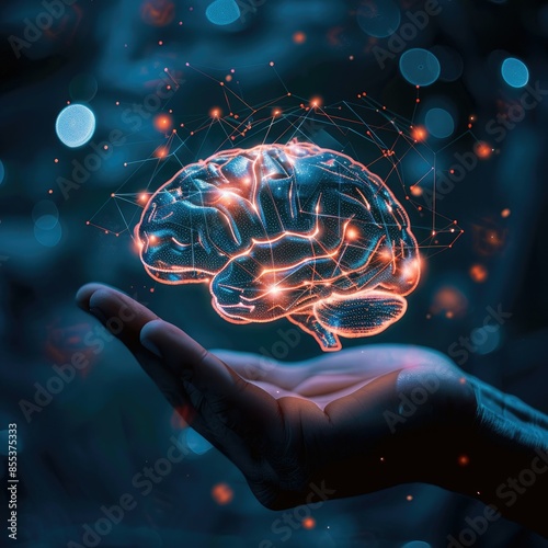 Wallpaper Mural Abstract representation of intelligence: Hand holding a glowing human brain hologram, illustrating advancements Torontodigital.ca