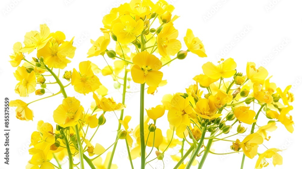 A closeup of bright yellow canola flowers showcasing their delicate petals and green stems isolated on a white background Clipping path included : Generative AI A closeup of bright yellow canola flowers showcasing their delicate petals and green stems isolated on a white background Clipping path included : Generative AI