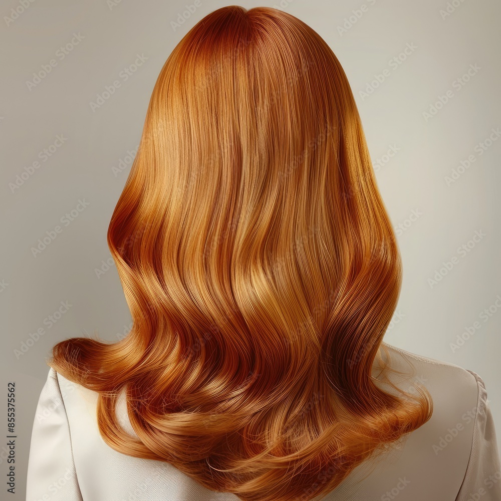 Fototapeta premium Back view of a woman's head with shiny, styled hair in a bright studio setting, hair care theme